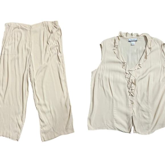 Nine & Company 2 Piece Set 18/20 Plus Beige Pants & Top Wide Leg Ruffle Outfit - Picture 1 of 10